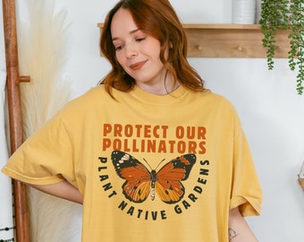 Camisa protetora de polinizadores, camisa nativa de plantas, presente de jardinagem, jardinagem sustentável, camisa borboleta, camiseta unissex com cores confortáveis