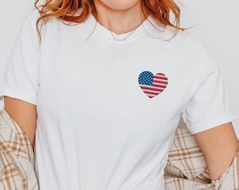T-shirt brodé drapeau américain coeur : t-shirt patriotique aux couleurs confortables