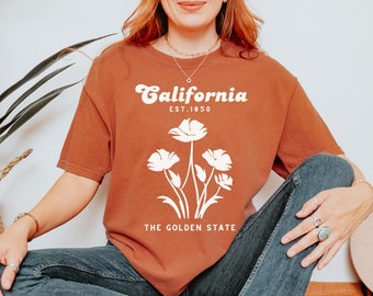 Camisa del estado de California, camisa de amapola de California, camisa de flores del estado, regalo de California, camisa de viaje, camisa botánica, colores cómodos