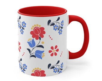 Folk Flowers - Accent Coffee Mug 11oz, Gift for mom, Gift for her, Christmas gift, Gifts for women, Creative gift, Coffee lover, Tea lover
