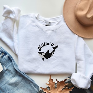 Killin’ it Orca Retro 90s Sweatshirt, Killer Whale Y2K, Gift for Orca Lover, Funny Shirt, Unisex Crewneck Sweatshirt