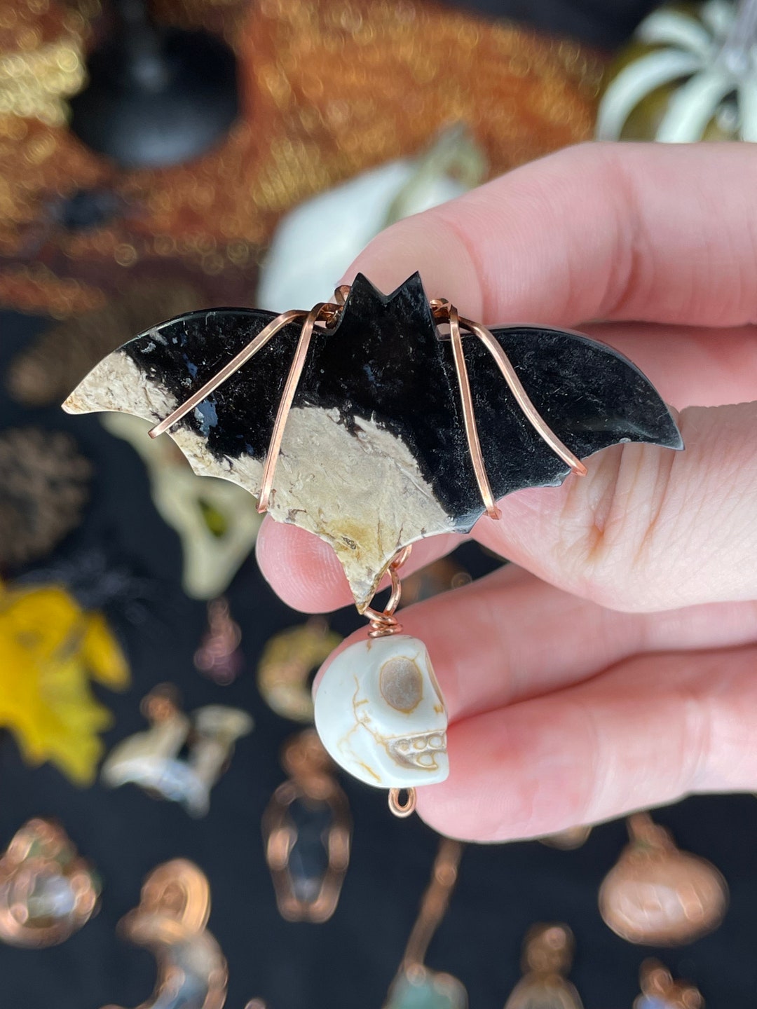 Bat Palm Root Wrapped Necklace - Wire Wrapped Bat Necklace - Crystal ...