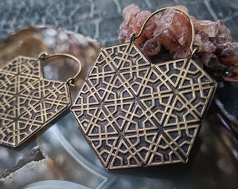 Pendientes de latón/Étnico/Boho Gongs/Geometric Earrings/Light/Aros grandes/Aros de latón/Arabic Geometry/Sacred Pattern/Sacred Geometry/Psy