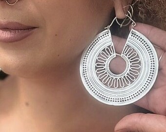 White Brass Earrings/Geometric Design/Big Gongs/Indian Tribal Design/ Golden Earrings/For Woman/Big HOOPS/Gipsy Earrings/Sold by Pair/Hoops