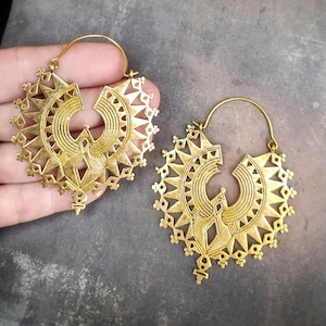 Brass HOOPS/Brass Earrings/Geometric/Mandala/5 cm Diameter/Psytrance/Burning Man/Ethnic Jewels/Big Size/Goddess Earrings/Light/ Gold colour