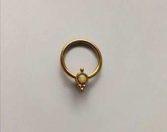 Piercing de septum con ópalo dorado, acero 316L, bisagra, calibre 16