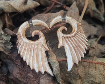 Fake Plugs Earrings/Narra Wood/Winged Jewellery/Elegant/Psy/Brass Metal/Fake Ear Gauge/Tribal Earrings/Ethnic fake Plug/Unisex/Boho Style