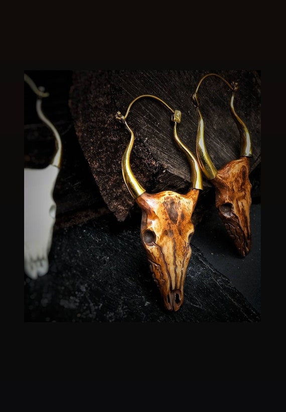 Bull Skull Brass Earrings/Carved Cattle Skull / Organic Jewellery
