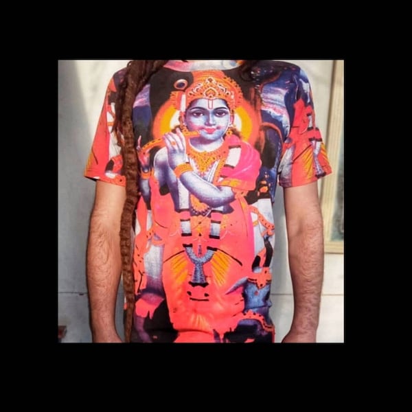 Camiseta Krishna Felicidad y Alegría Hinduismo impreso a mano/Yoga Espiritual/Moda India/Vintage/90's/ Barcelona