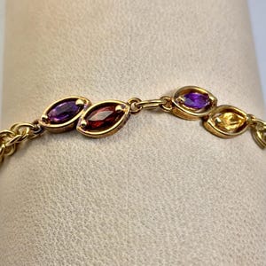 RW&B SALE ITEM: 18KT ovr 925 Silver Rope Chain Link Bracelet with Amethyst, Citrine and Red Garnet Leaf shape gemstone Accents, delicate
