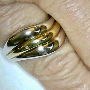 3 Wave Design Band, Ring, 12mm width, Size 7, 925 Silver alternating with gold plate, tapered shank down to 3mm, Unisex Design