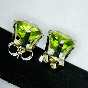 Stud Earrings, All Natural Brite Green Peridot set in 925 Sterling Silver 6 prong casting, posts and butterfly backs