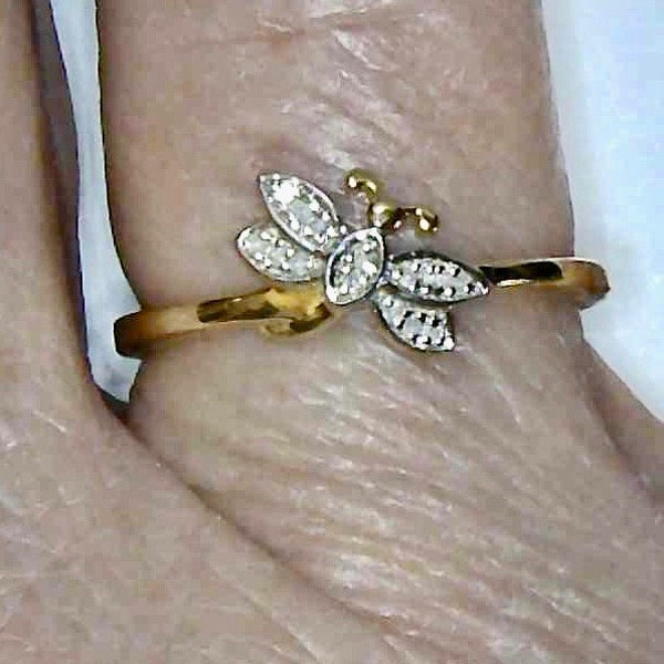 Dragonfly/Butterfly Ring, Stackable Diamond accented, 14K over 925 Silver, Size 8 Only one of this item left, Great for Teens and Adults