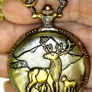 Deer, Elk with Dogs, engraved Raised Hunt Scene 2 tone, gold and silver cover, gold tone engraved back, 12 inch Pocket Watch Chain