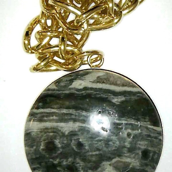 Landscape Painterly Looking Ocean Jasper stone 30 mm mounted in goldplate cup suspended from 23 inch goldplate cable chain