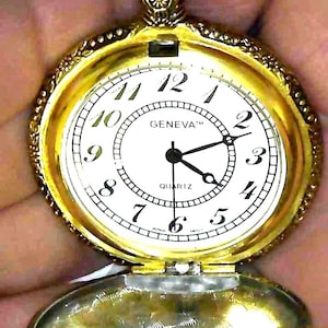 Deer, Elk with Dogs, engraved Raised Hunt Scene 2 tone, gold and silver cover, gold tone engraved back, 12 inch Pocket Watch Chain