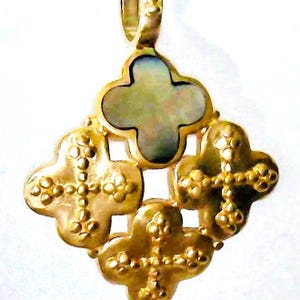 Pendant, Cross, Gold Vermeil, MOP inlay, ready to string on leather cord or hang on chain or up to 4mm beaded necklace