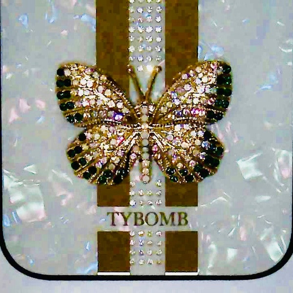 IPHONE14 Case, White Marbled case (TYBOMB) Butterfly multi-color marbled plastic case Goldtone stripe, crystal accents