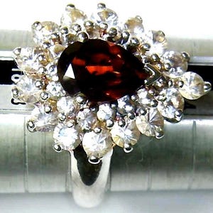 Pear Shaped Design Garnet Ring, White Topaz Accents, all set in 925 Sterling Silver, One only, Fits Size 7.5 to 7.75