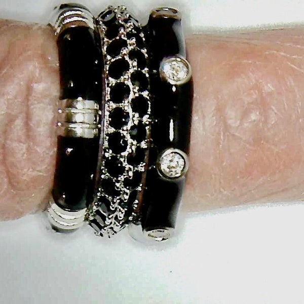 Stylish, Trending, One, Two, Three, stackable style rings, Size 5, Black Enamel on Silver with CZ accent stones, your choice 1,  2 or all 3