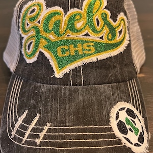 Ponytail Distressed Baseball/trucker caps with glitter design for Sports Mom School Mascot team logo etc regular adjustable back