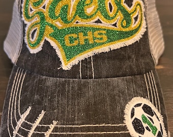 Distressed Ponytail Baseball Cap: Glitter Team Logo, Sports Mom