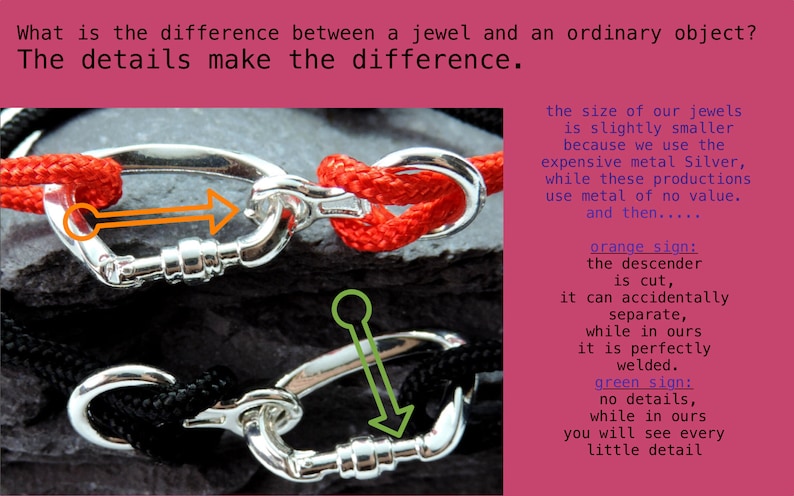 May include: Two silver clasps with red and black rope. The top clasp is cut and can separate, while the bottom clasp is welded. The text "The details make the difference." is above the image.