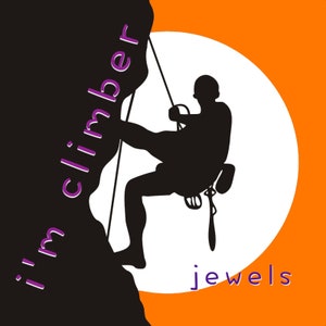 May include: Silhouette of a climber rappelling down a rock face with the text "i'm climber" written on the rock in purple. The background is a white circle on an orange background with the text "jewels" in purple.