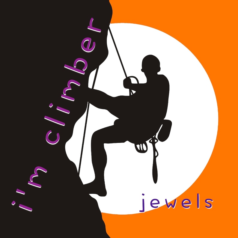 May include: Silhouette of a climber rappelling down a rock face with the text "i'm climber" written on the rock in purple. The background is a white circle on an orange background with the text "jewels" in purple.