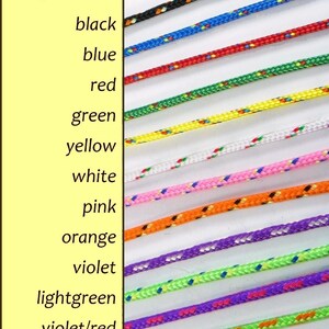 May include: A variety of 2mm rope cords in different colors, including black, blue, red, green, yellow, white, pink, orange, violet, light green, violet/red, and green/orange.