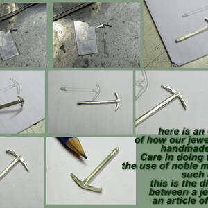 May include: A step-by-step process of how a silver pickaxe is made, showing the metal being cut, shaped, and polished. The text reads "here is an example of how our jewel is built handmade in Italy. Care in doing the job and the use of noble materials such as silver. This is the difference between a jewel and an article of trinkets."