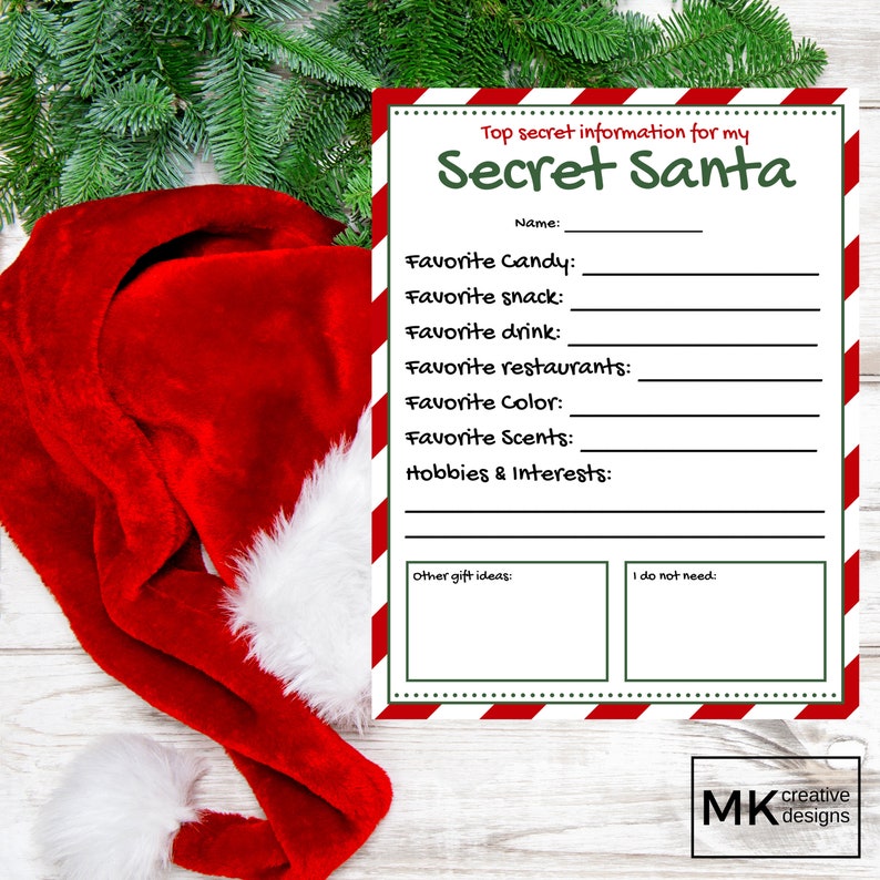 Secret Santa Questionnaire Christmas Gift Ideas Instant Etsy
