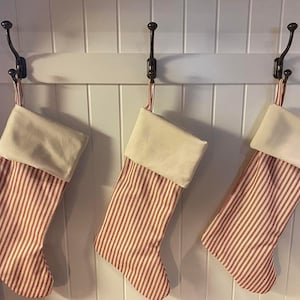 Personalized Christmas stockings- Red/Cream ticking fabric- Farmhouse style