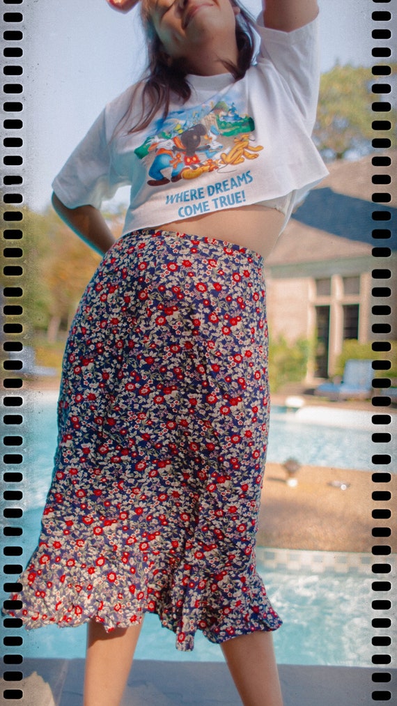 Vintage Floral Print Midi Ruffle Skirt - image 2
