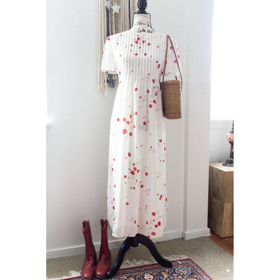 90s Chiffon Prairie White + Red Ditsy Floral Maxi… - image 2