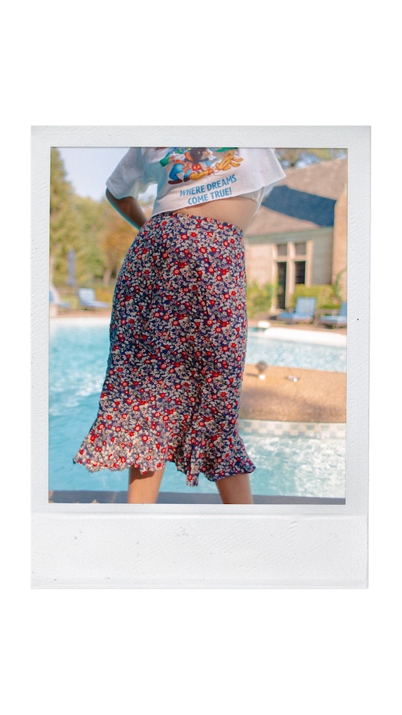 Vintage Floral Print Midi Ruffle Skirt - image 1