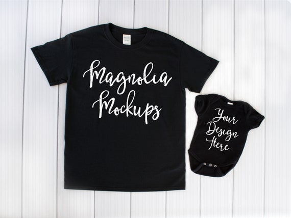 Black Adult T-Shirt And Baby Bodysuit Mockup Mock Up