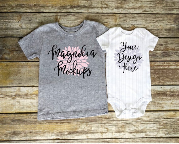 Grey Toddler T-Shirt And Baby Bodysuit Mockup Mock Up