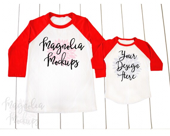 Red And White Adult And Toddler Raglan Mockup Mock Red And White Adult And Toddler Raglan Mockup Mock