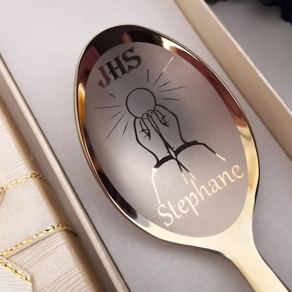 First Communion Gift - Catholic Spoon with name - Engraving date on a handle - Personalized spoon - Communion cutlery set - Baby set