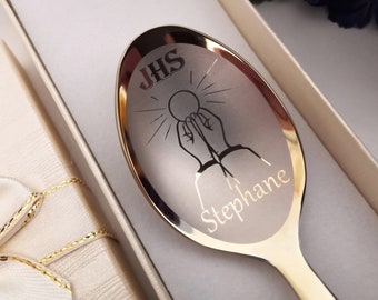 First Communion Gift - Catholic Spoon with name - Engraving date on a handle - Personalized spoon - Communion cutlery set - Baby set