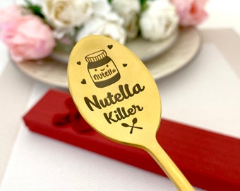 Nutella Killer Spoon - Long handle spoon personalized gift for friend - Custom text - Engraved golden plated spoon for Nutella in Giftbox