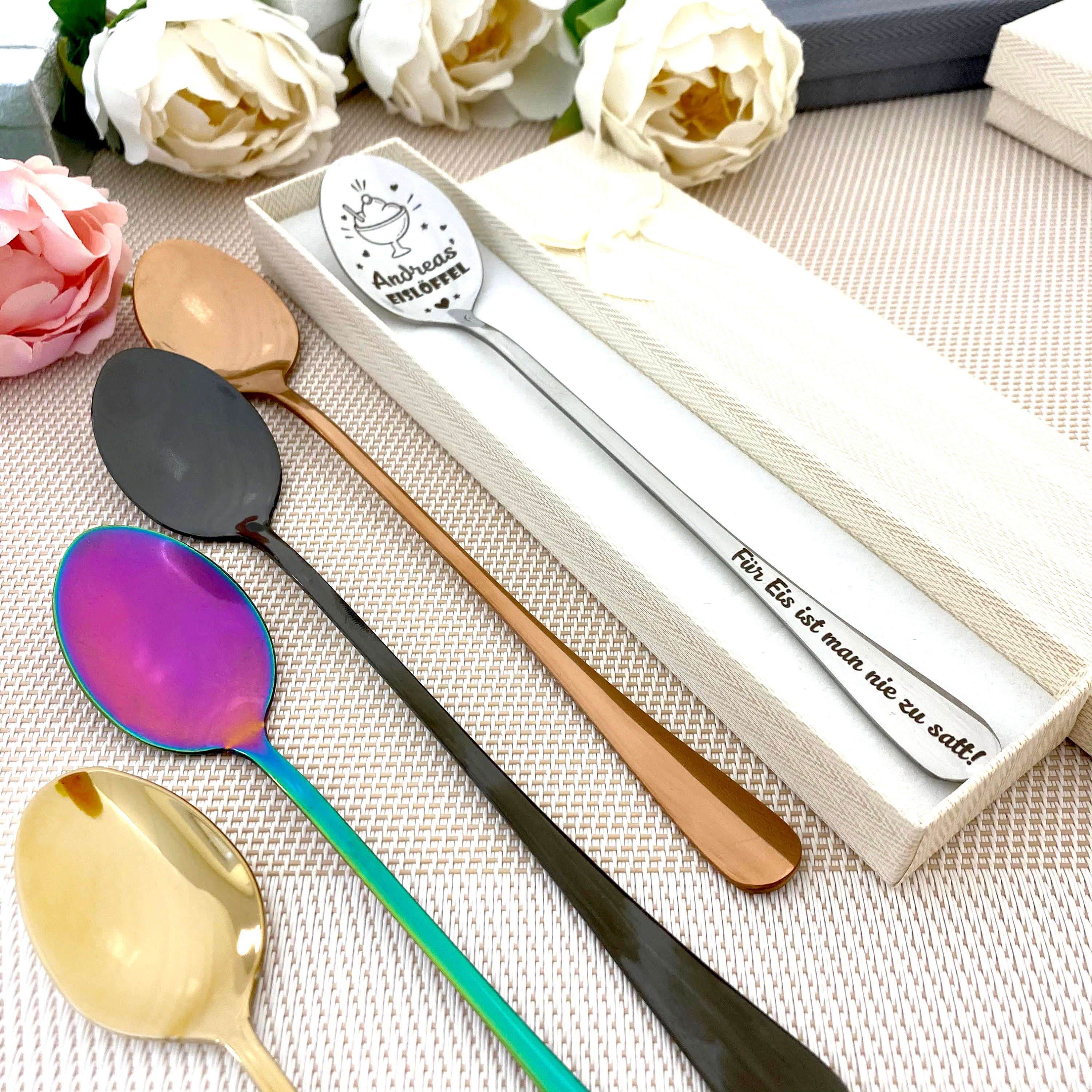 Personalisierter Schokolöffel Mit Gravur | 19,5 Cm, Edelstahl Gold | Geschenk Für Schoko-Fans