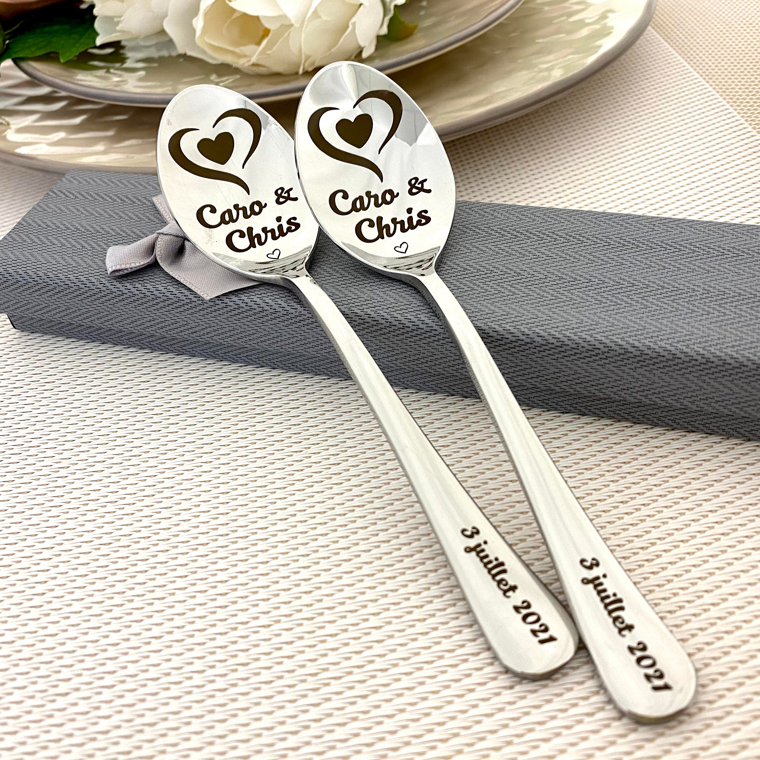 Two spoons in Gift box for a couple Elegant anniversary gift - Wedding Coffee Spoons engraved - Groom and Bride gift - Personalized teaspoon