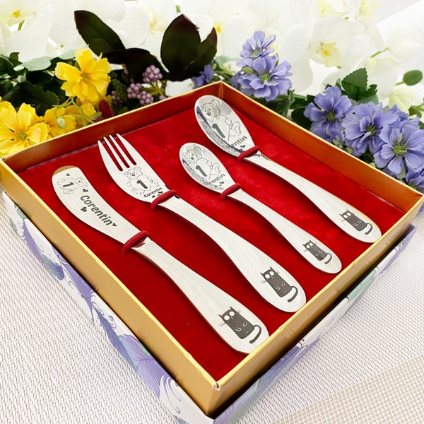 Kids Cutlery set personalized Baby Shower Gift with Custom Engraving - Small Cutlery for Baby Birthday Gift for Newborn Girl Baby Boy