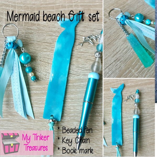 Mermaid beach gift set, Metallic blue Bead pen, dolphin charm,Key chain and mermaid bookmark, small Favor, personalized birthday gift