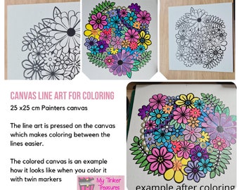 Bloemen kleurplaat op canvas doek, 25 bij 25 cm groot, geschikt voor markers, acryl verf, olie verf,