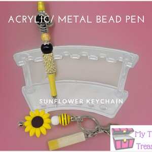 Gele glitter kralen pen en sleutelhanger met gele witte kralen, Zonnebloem pen, verjaardag, planner pen, schoolpen,