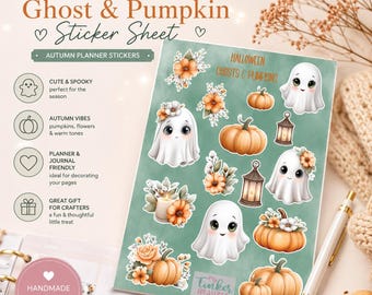 May include: A sticker sheet with a Halloween theme. The sheet features cute ghost and pumpkin stickers with floral accents in orange and white. The text "Halloween Ghost & Pumpkin Sticker Sheet" is at the top.
