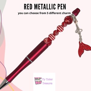 Rood metalic kralen pen met rood  witte kralen en vlinder bedel,  verjaardag, planner pen, schoolpen, klein kado, ziler zwarte pen
